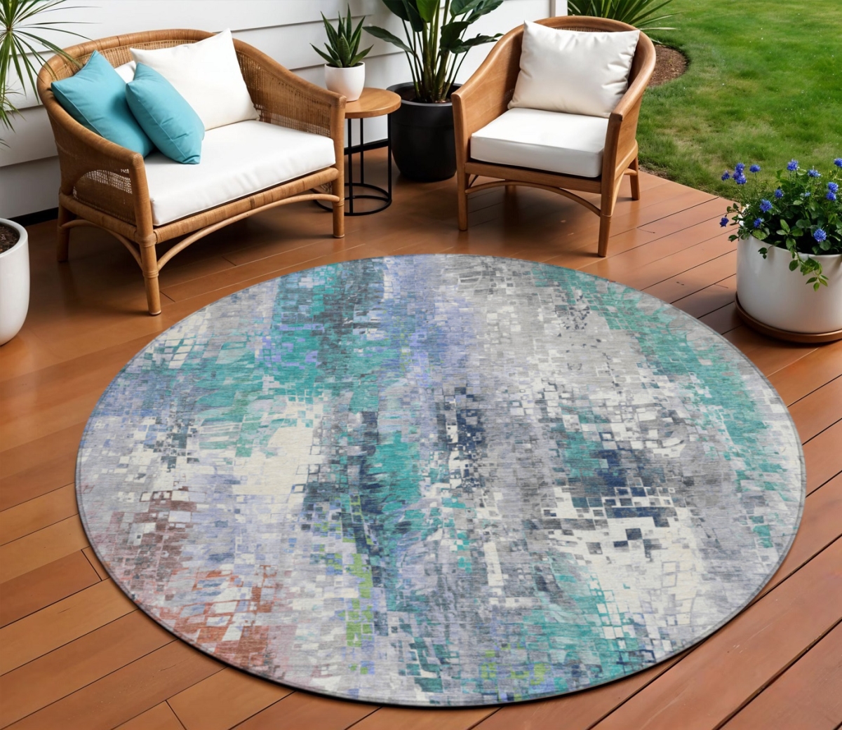 640594 8 ft. Teal Blue Ivory, Gray & Copper Abstract Washable Transitional Indoor & Outdoor Round Area Rug