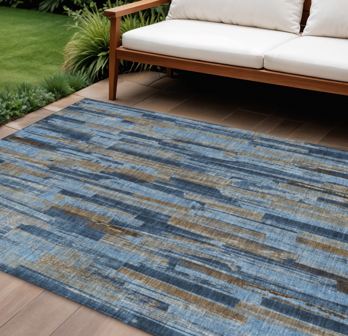 640621 10 x 14 ft. Navy Blue & Taupe Striped Washable Transitional Indoor & Outdoor Rectangle Area Rug