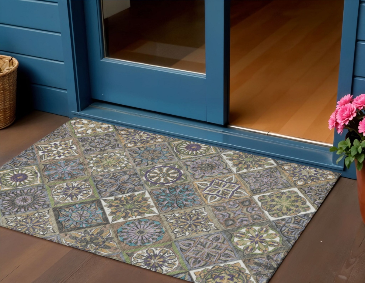 640646 3 x 5 ft. Taupe & Green Patchwork Washable Transitional Indoor & Outdoor Rectangle Area Rug