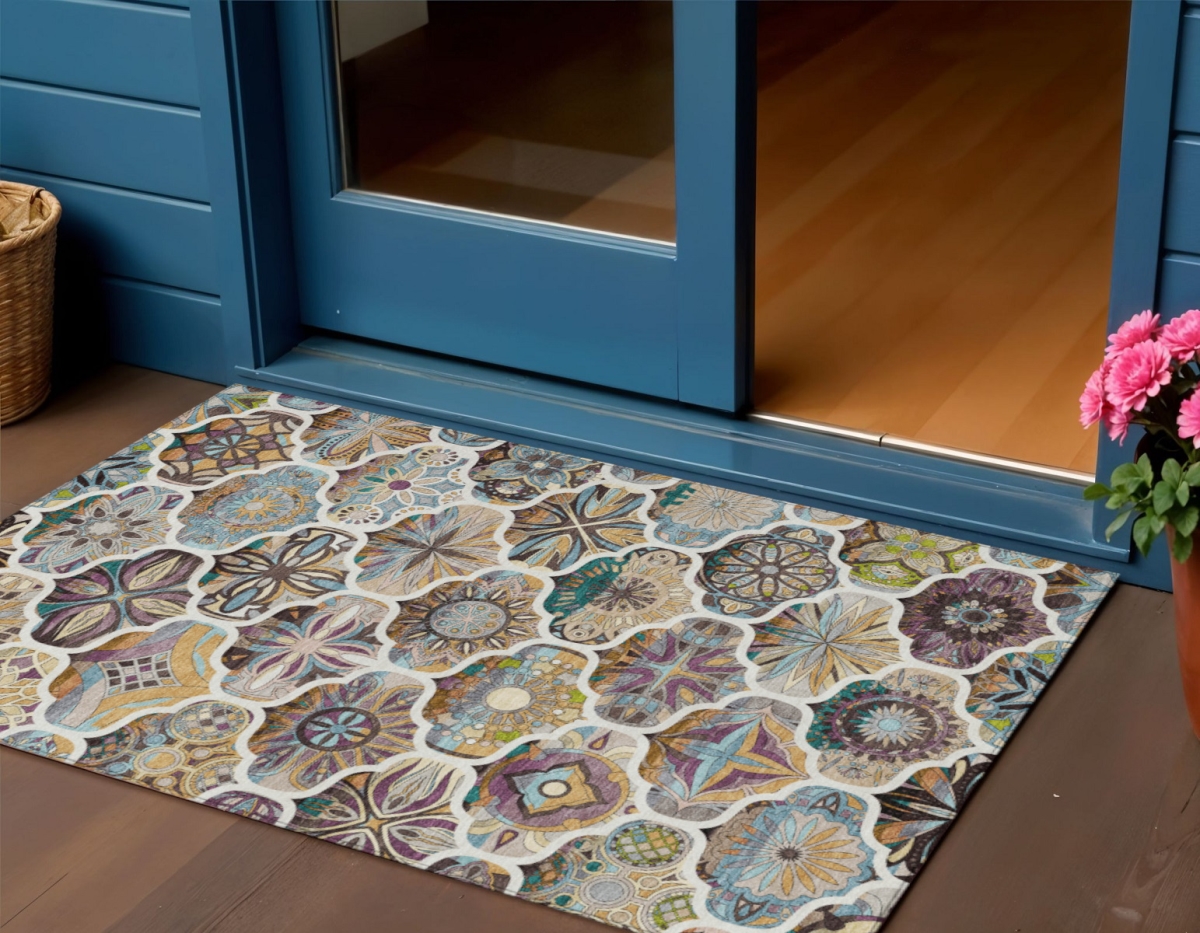 640652 3 x 5 ft. Beige Teal, Blue & Copper Quatrefoil Washable Transitional Indoor & Outdoor Rectangle Area Rug