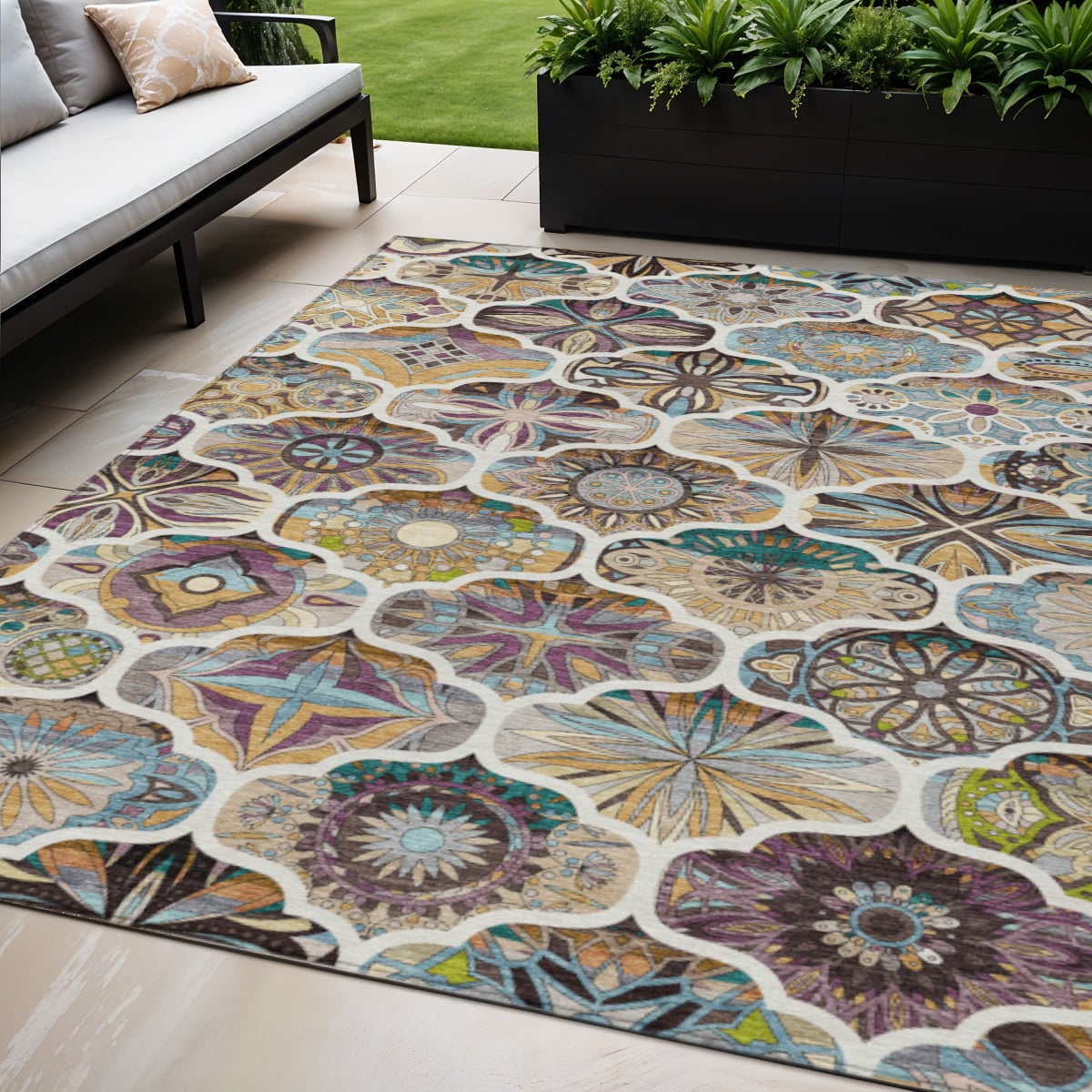 640653 5 x 8 ft. Beige Teal, Blue & Copper Quatrefoil Washable Transitional Indoor & Outdoor Rectangle Area Rug