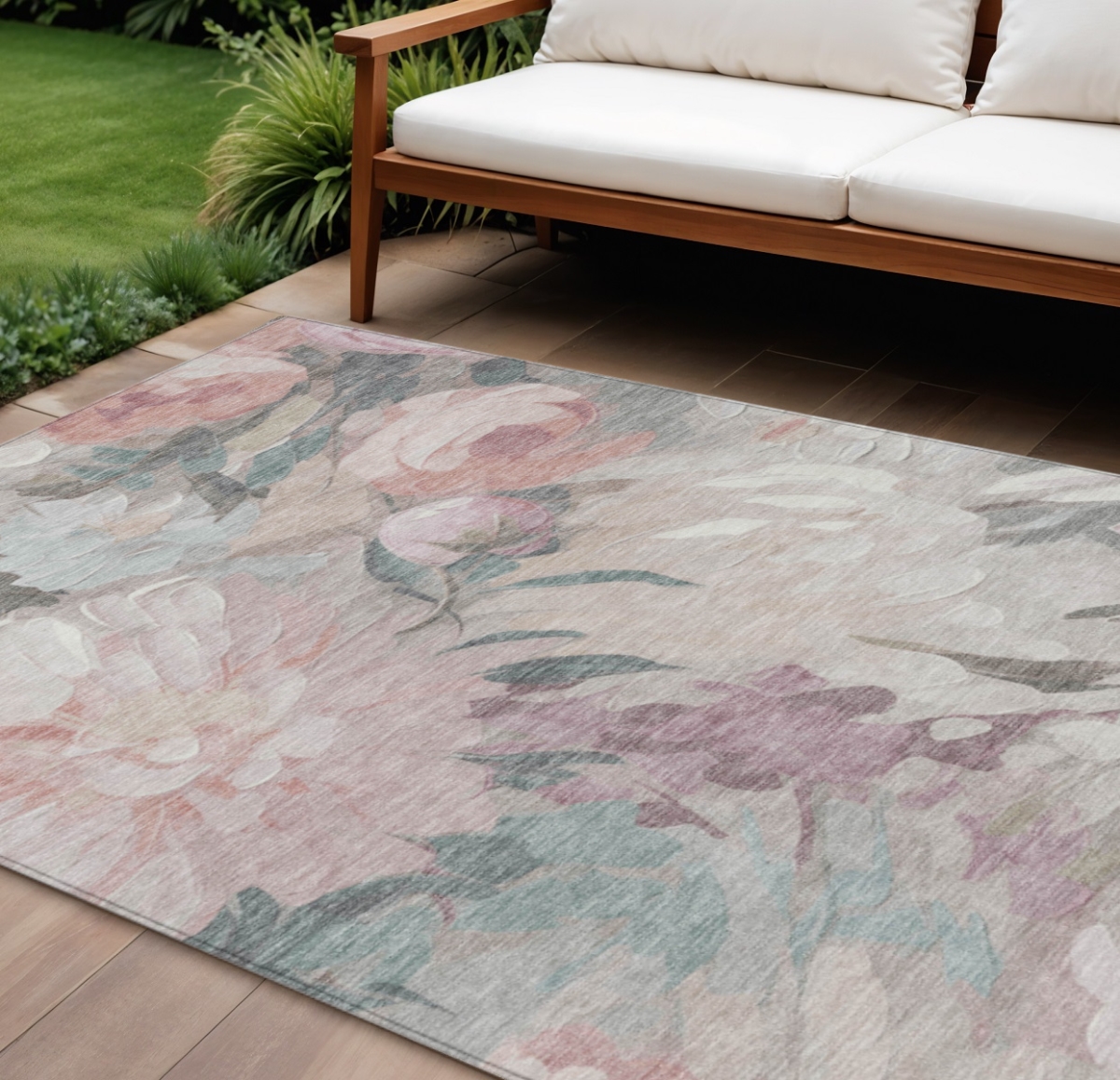 641150 9 x 12 ft. Beige Pink & Ivory Floral Washable Transitional Indoor & Outdoor Rectangle Area Rug