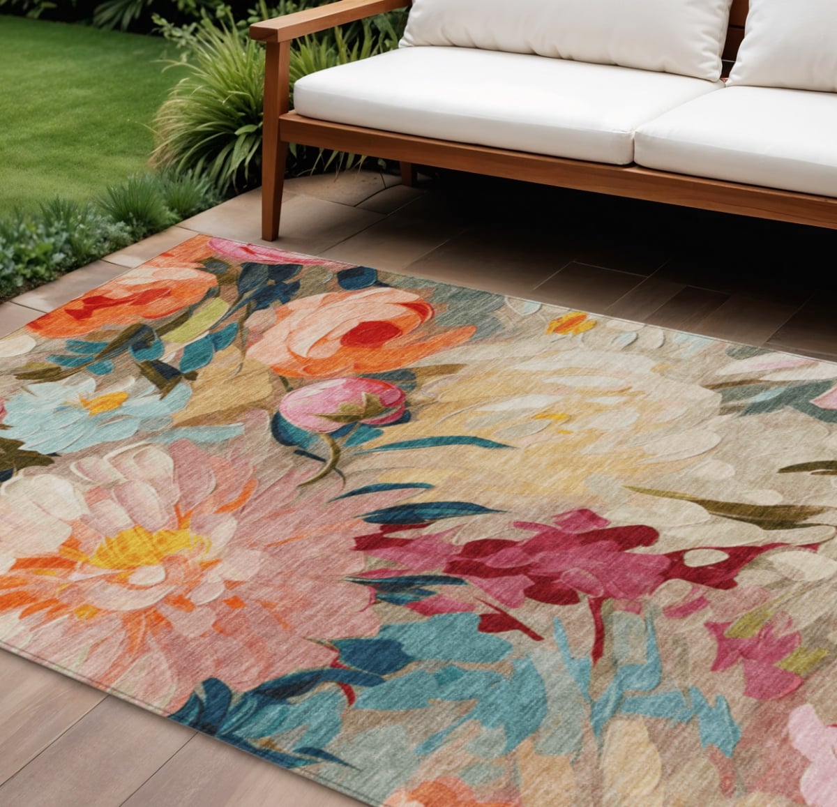 641177 5 x 8 ft. Beige Yellow Teal, Blue & Orange Floral Washable Transitional Indoor & Outdoor Rectangle Area Rug
