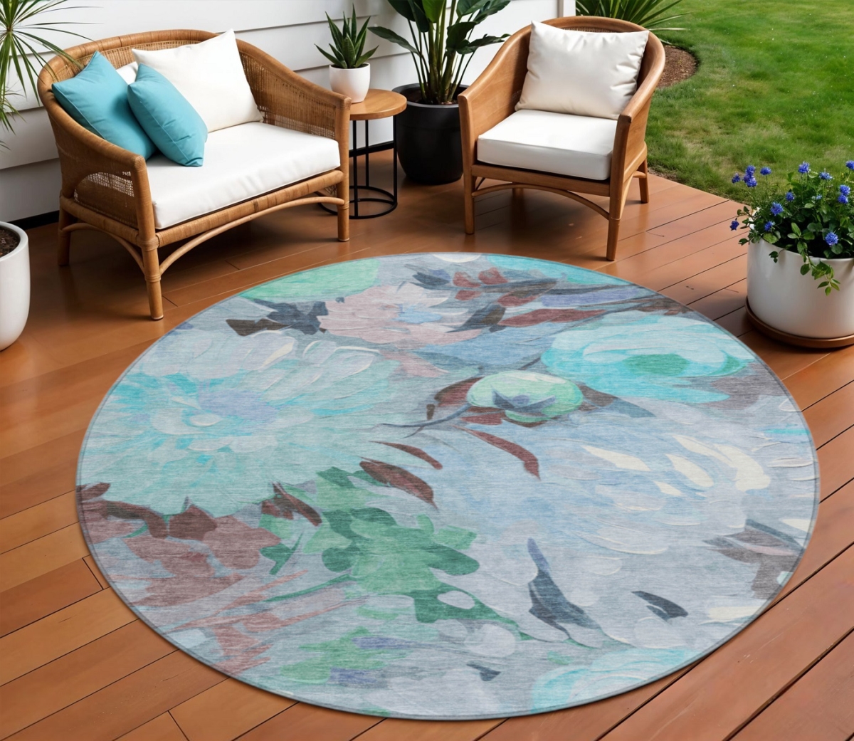 641184 8 ft. Sky Blue Mint Green & Ivory Floral Washable Transitional Indoor & Outdoor Round Area Rug