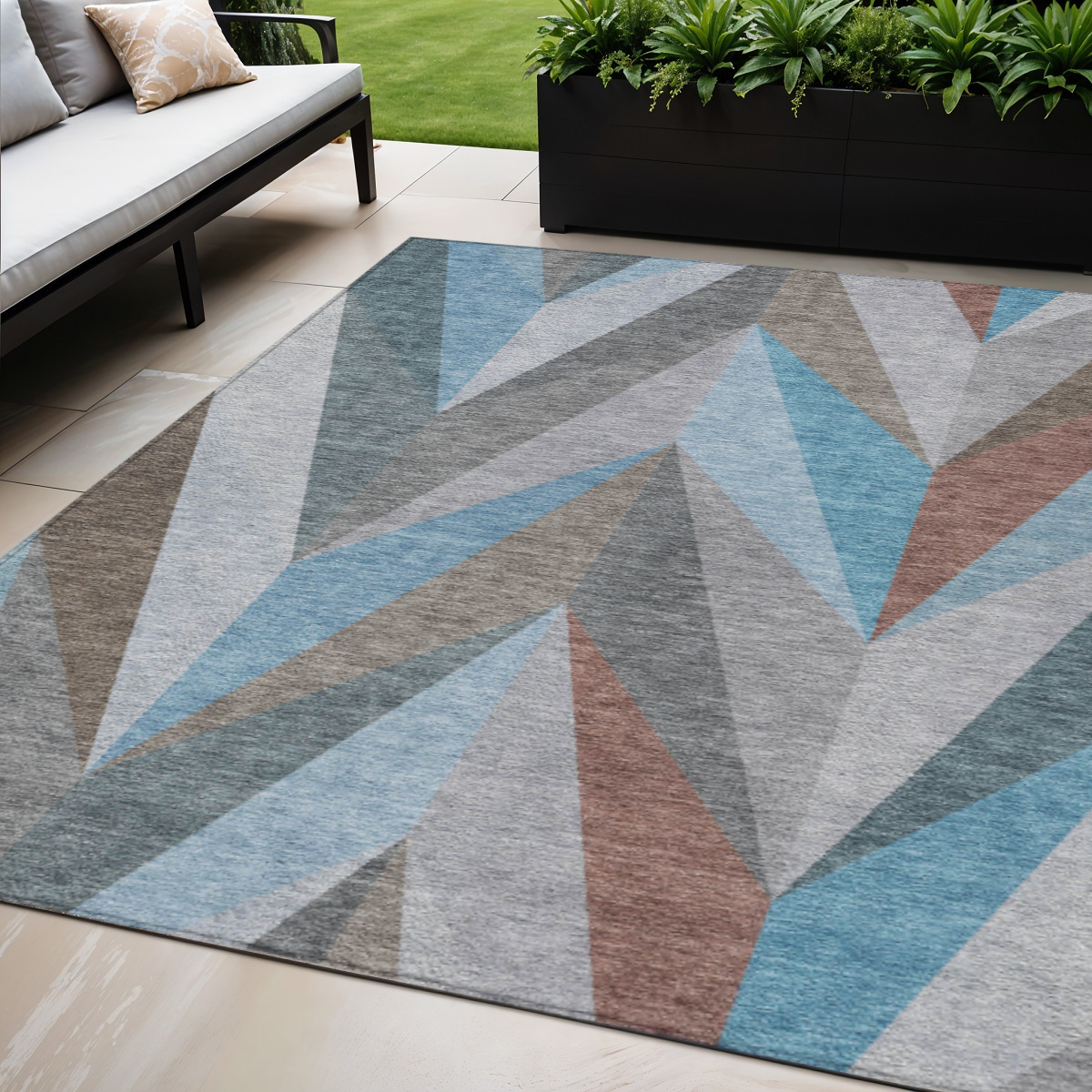641213 5 x 8 ft. Teal Blue Copper & Gray Geometric Washable Transitional Indoor & Outdoor Rectangle Area Rug