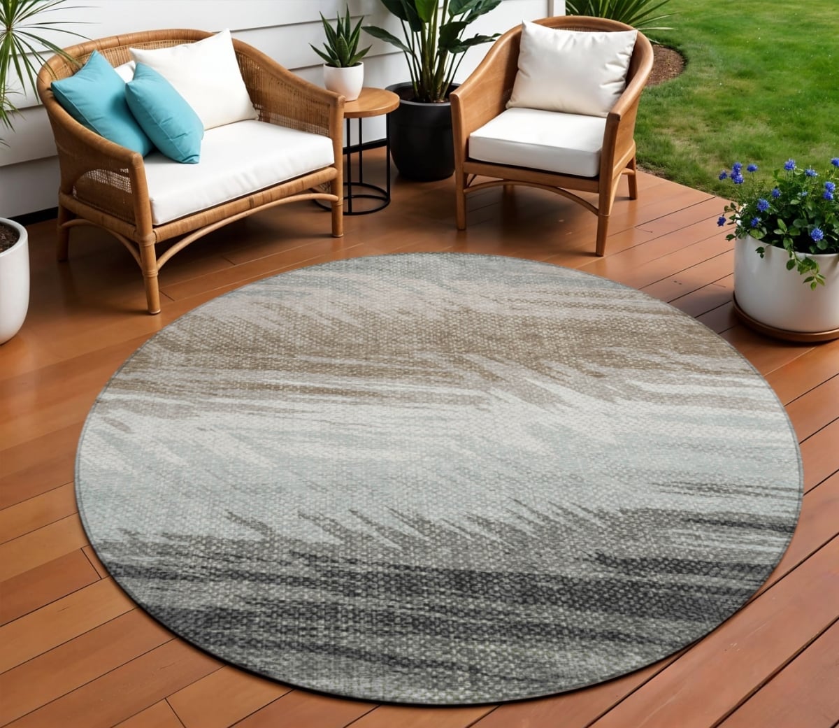641472 8 ft. Brown Ivory & Gray Striped Washable Transitional Indoor & Outdoor Round Area Rug