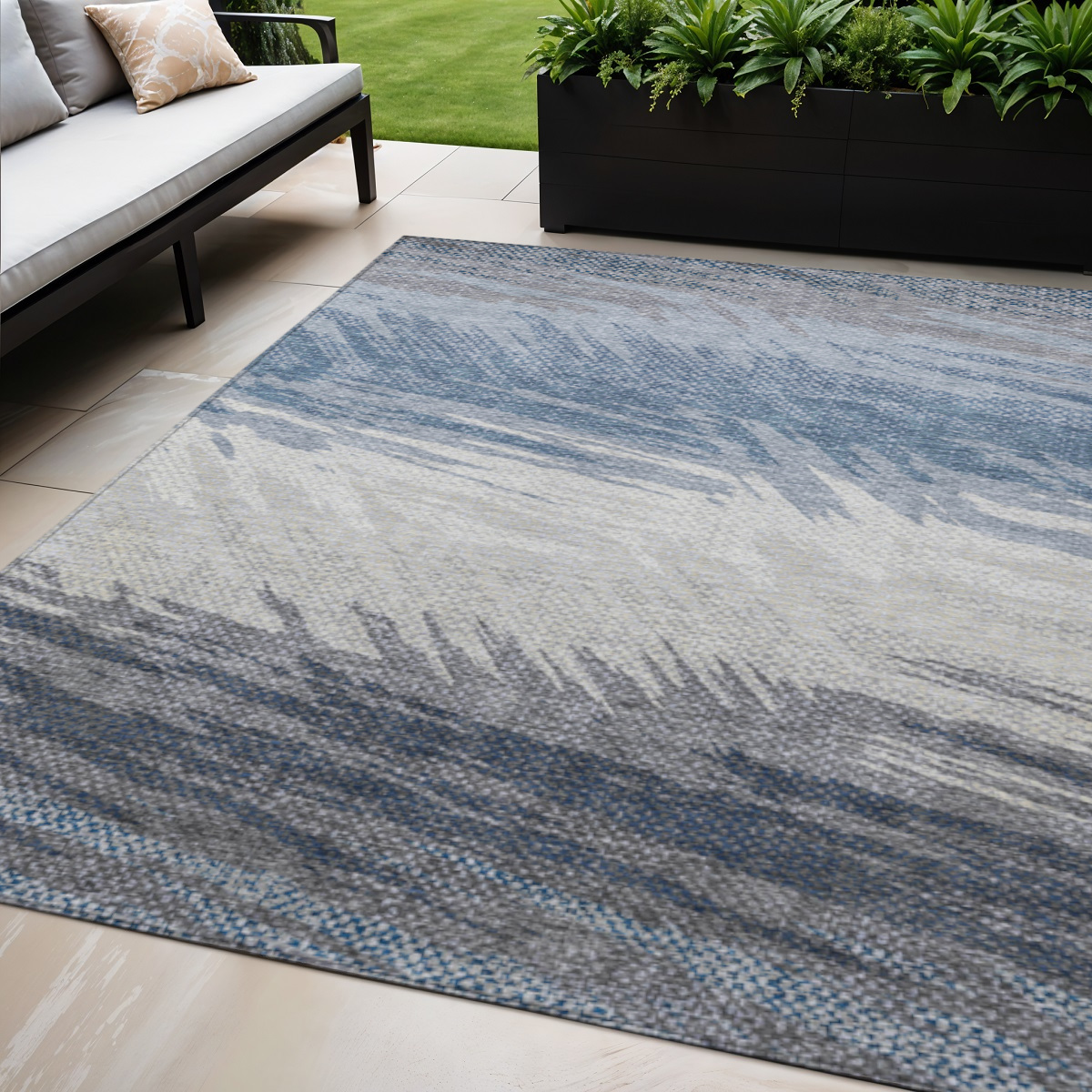 641477 5 x 8 ft. Denim Blue, Ivory & Gray Striped Washable Transitional Indoor & Outdoor Rectangle Area Rug