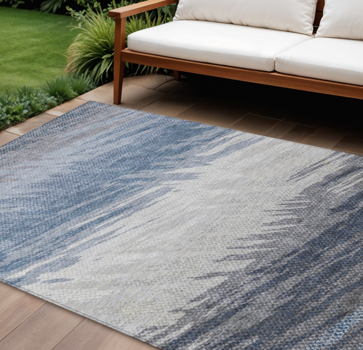 641481 10 x 14 ft. Denim Blue, Ivory & Gray Striped Washable Transitional Indoor & Outdoor Rectangle Area Rug