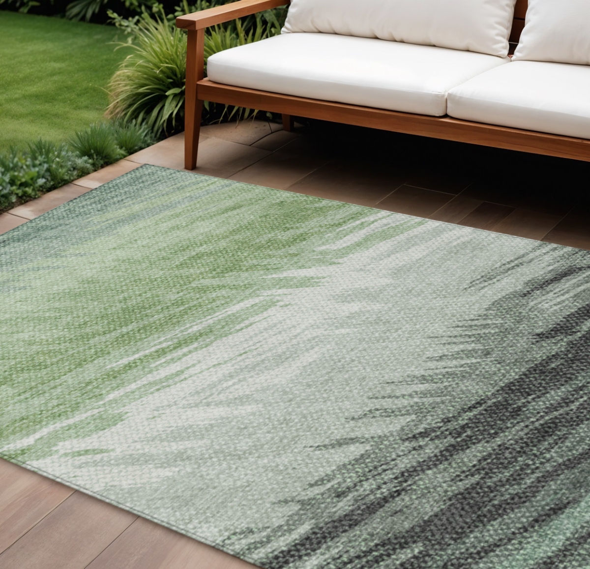 641492 9 x 12 ft. Green, Ivory & Charcoal Striped Washable Transitional Indoor & Outdoor Rectangle Area Rug