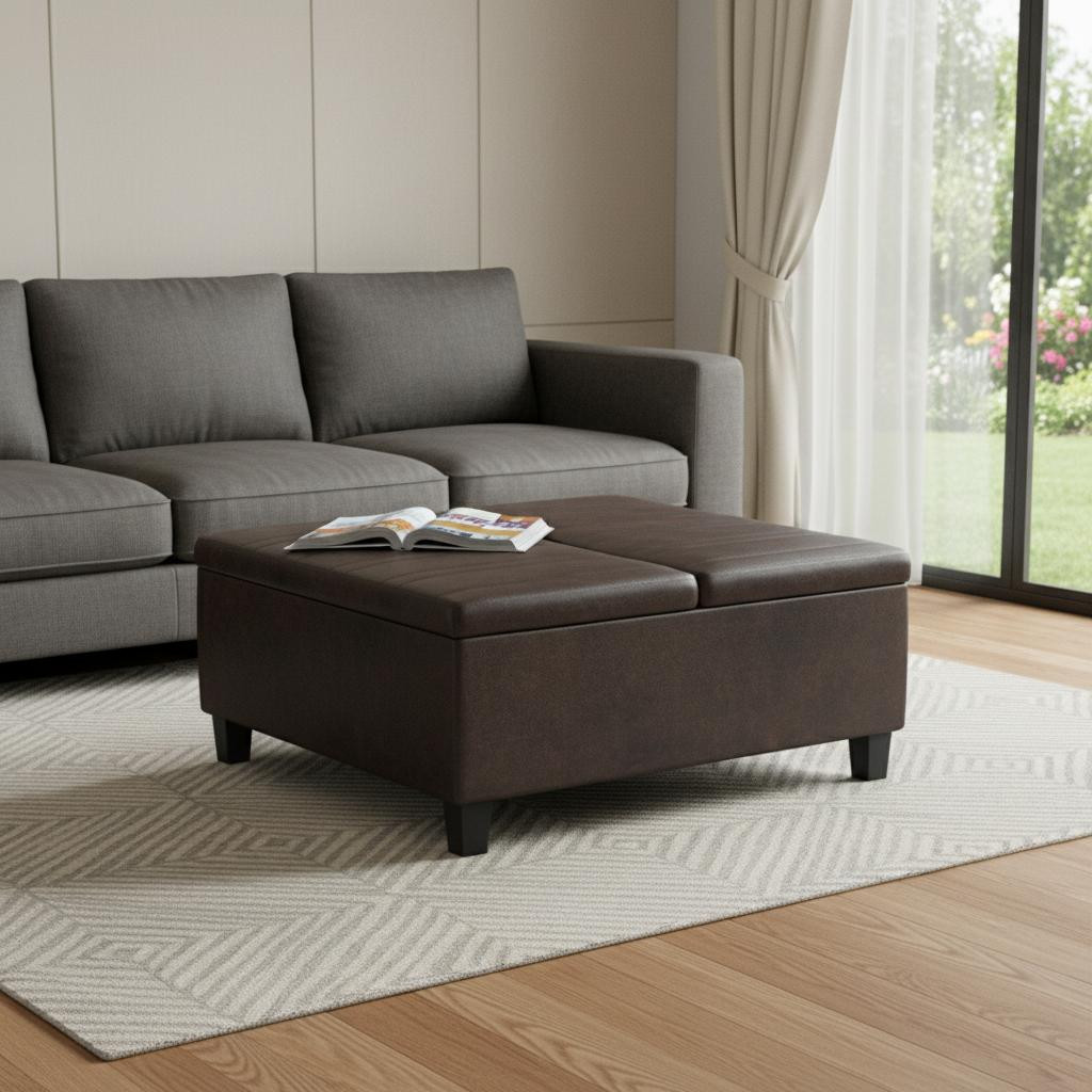 641720 36 in. Brown & Espresso Leather Cocktail Ottoman with Storage