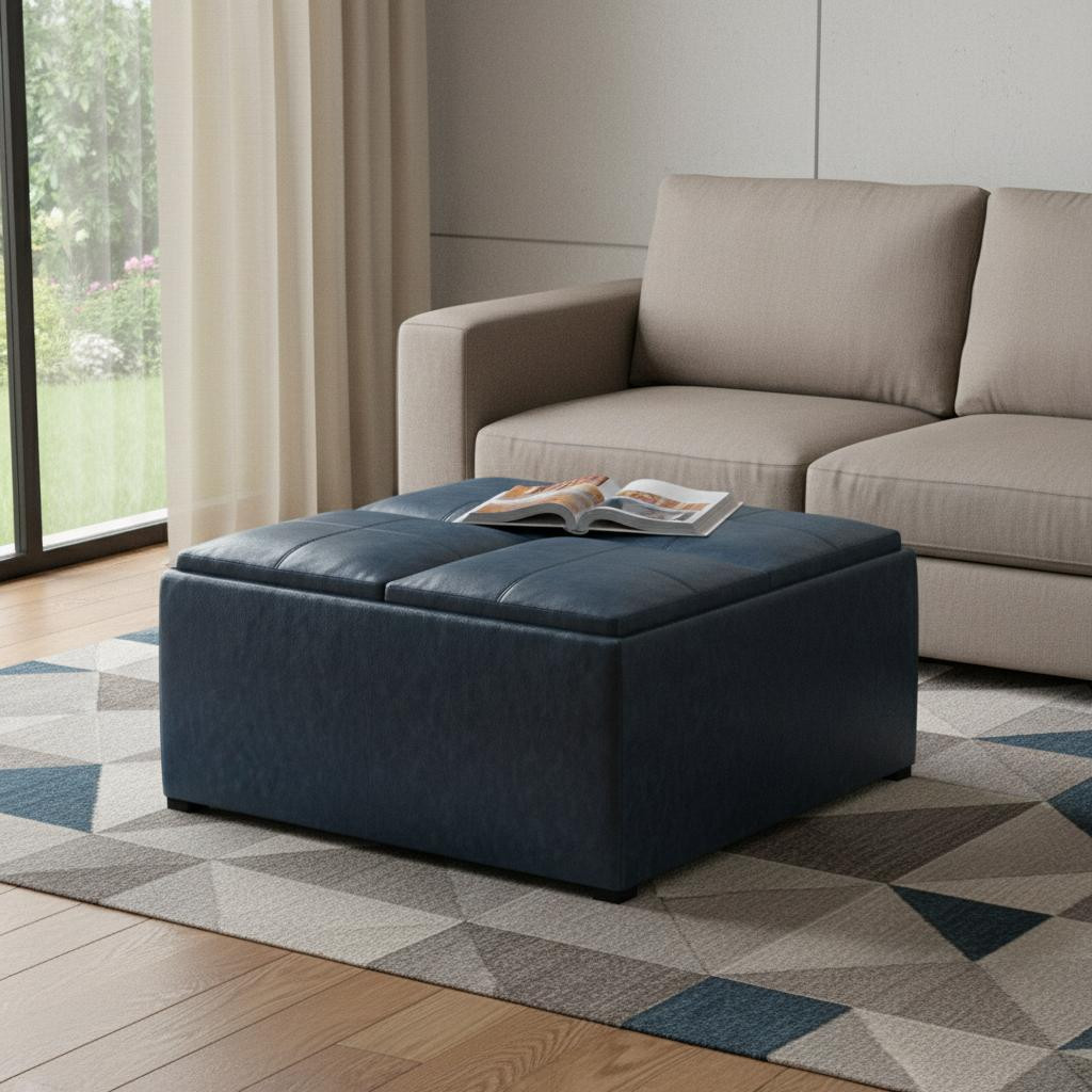 641800 35 in. Blue & Dark Brown Leather Cocktail Ottoman with Storage