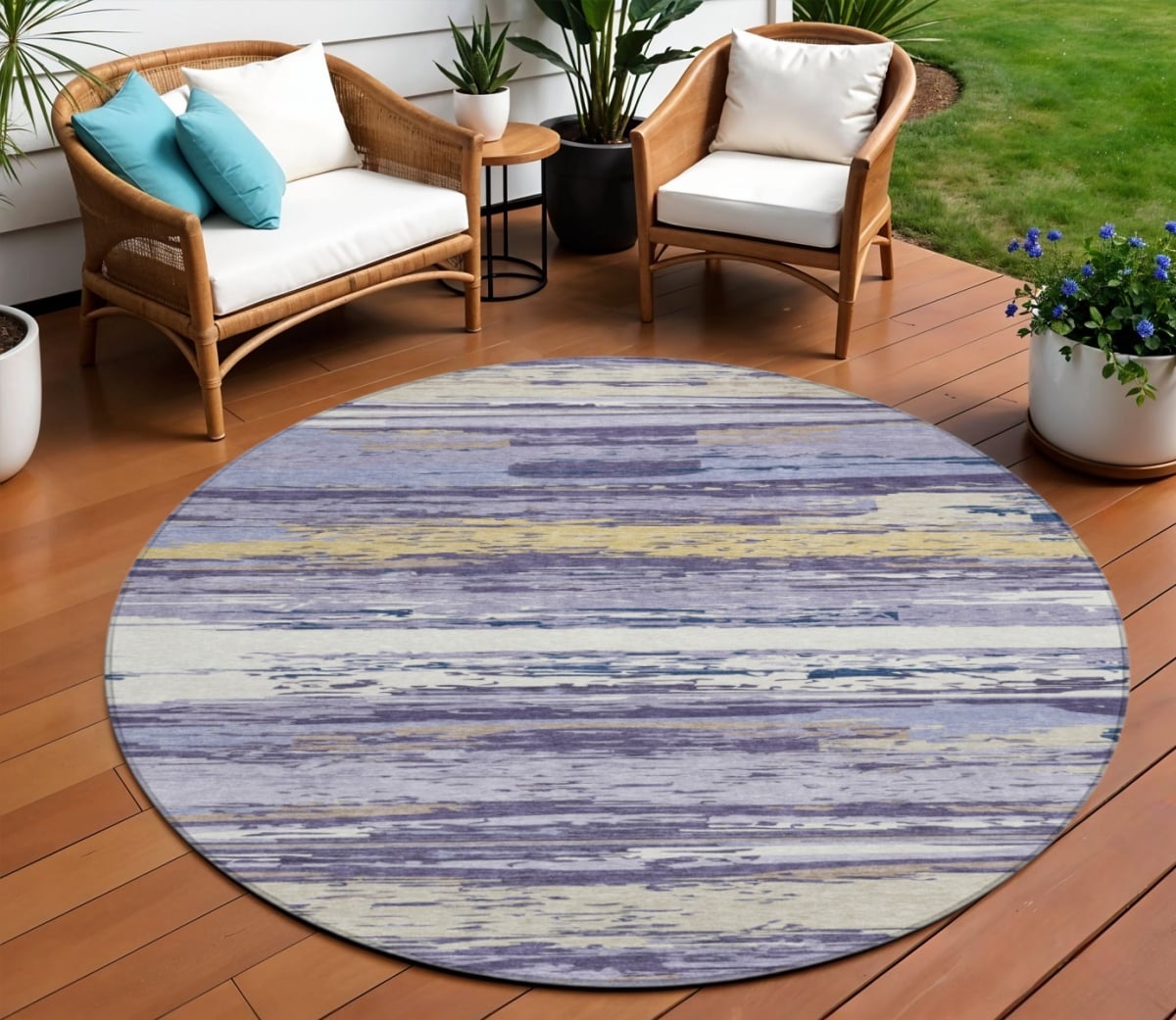 642265 8 ft. Lavender Ivory & Gold Striped Washable Transitional Indoor & Outdoor Round Area Rug