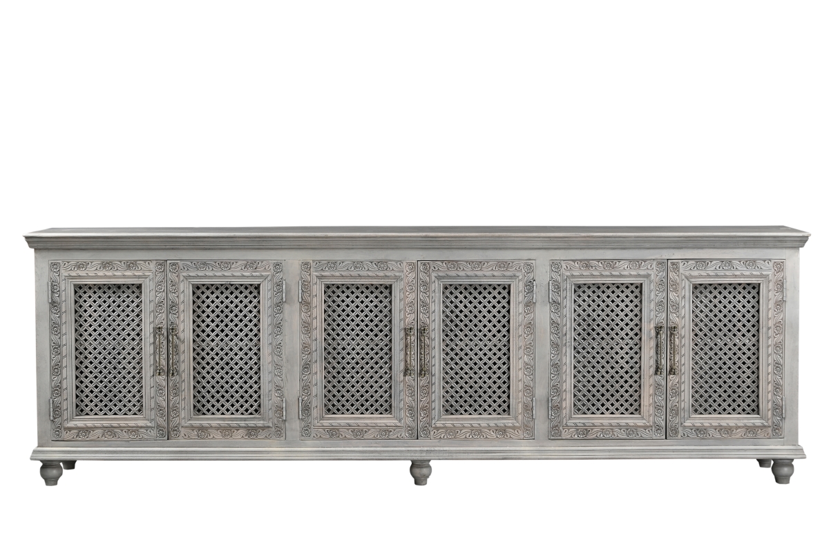 642289 37 x 111 x 17 in. Gray Distressed Solid Wood Carved Floral Sideboard with 6 Doors