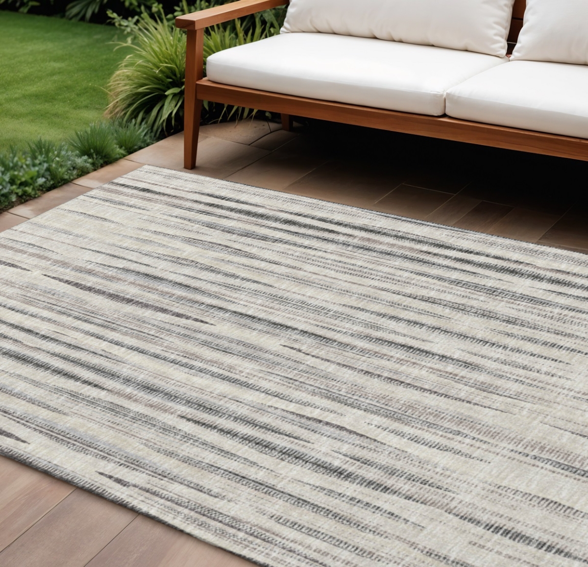 642325 10 x 14 ft. Beige & Gray Striped Washable Transitional Indoor & Outdoor Rectangle Area Rug