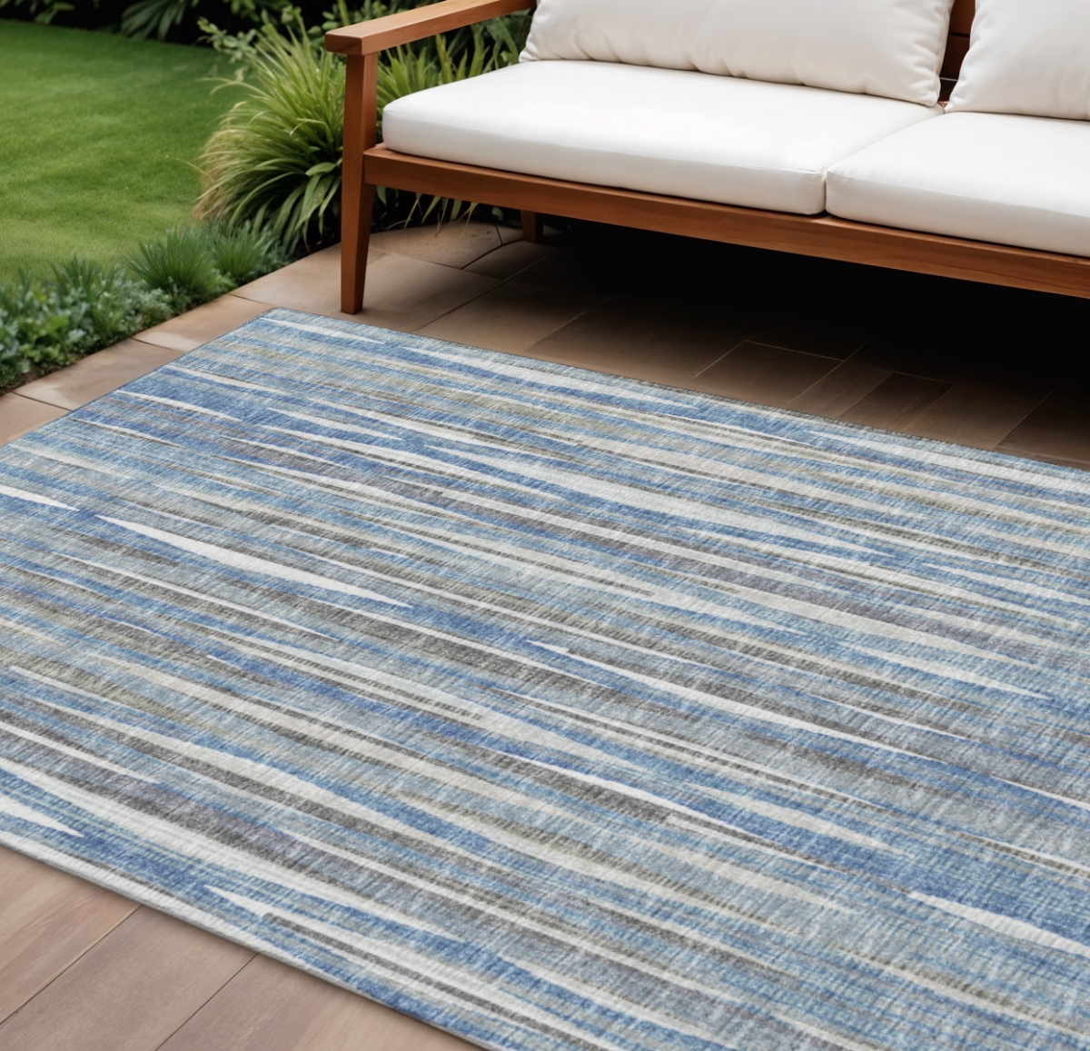 642335 8 x 10 ft. Blue & Ivory Striped Washable Transitional Indoor & Outdoor Rectangle Area Rug