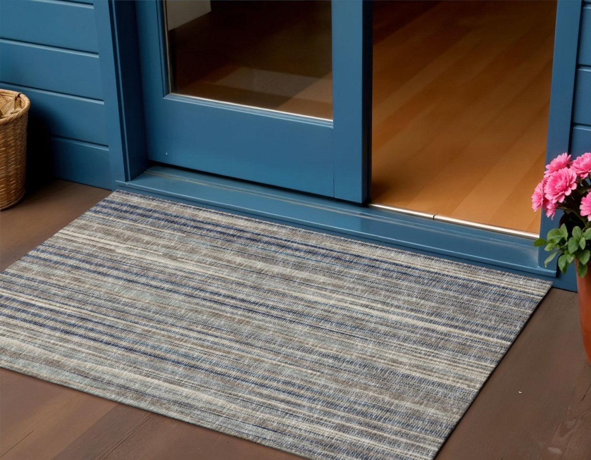 642338 3 x 5 ft. Brown & Navy Blue Striped Washable Transitional Indoor & Outdoor Rectangle Area Rug