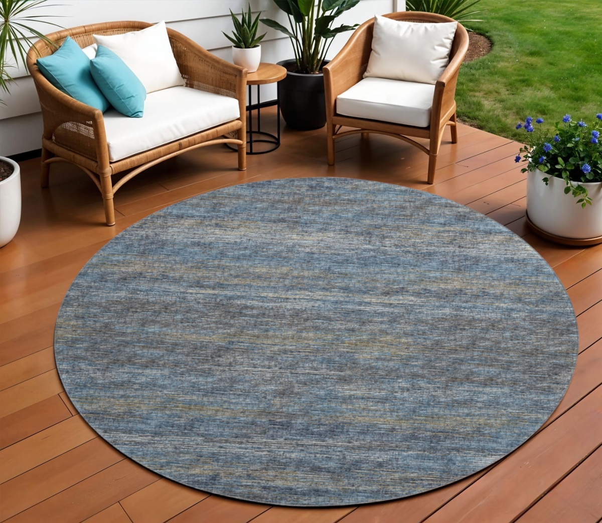 642388 8 ft. Blue & Ivory Abstract Washable Transitional Indoor & Outdoor Round Area Rug