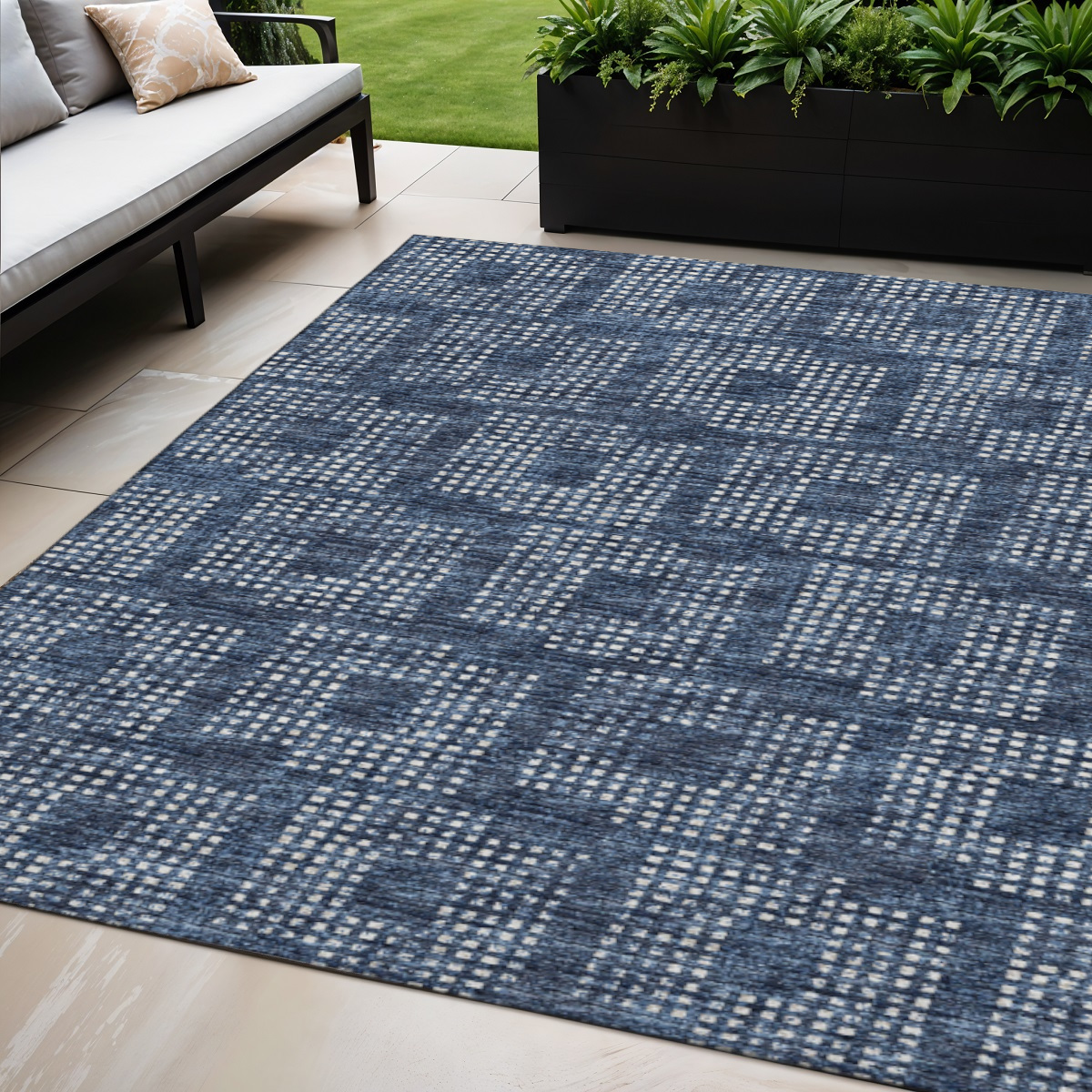 642435 5 x 8 ft. Blue & Ivory Geometric Washable Transitional Indoor & Outdoor Rectangle Area Rug