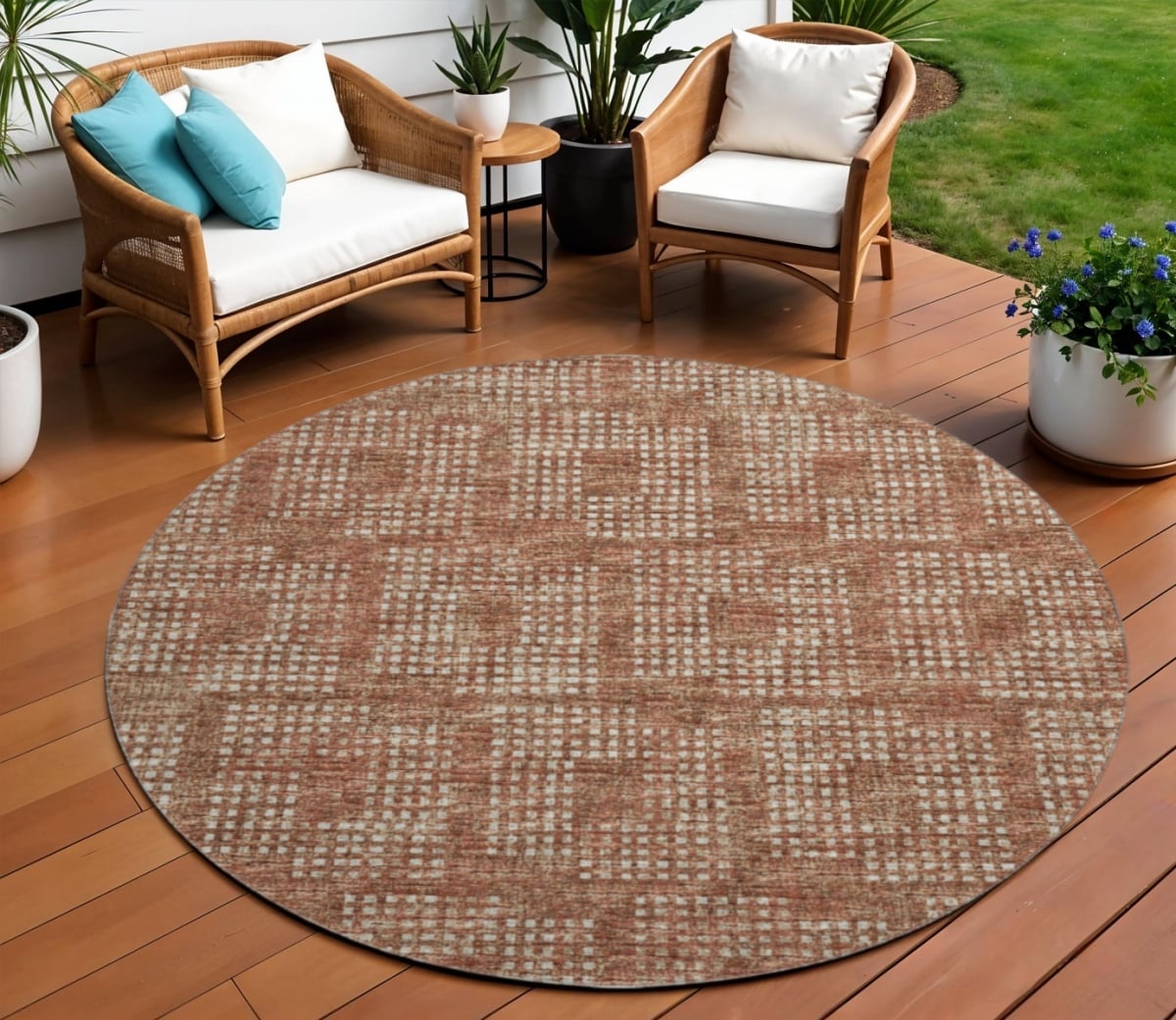 642442 8 ft. Burnt Sienna & Ivory Geometric Washable Transitional Indoor & Outdoor Round Area Rug