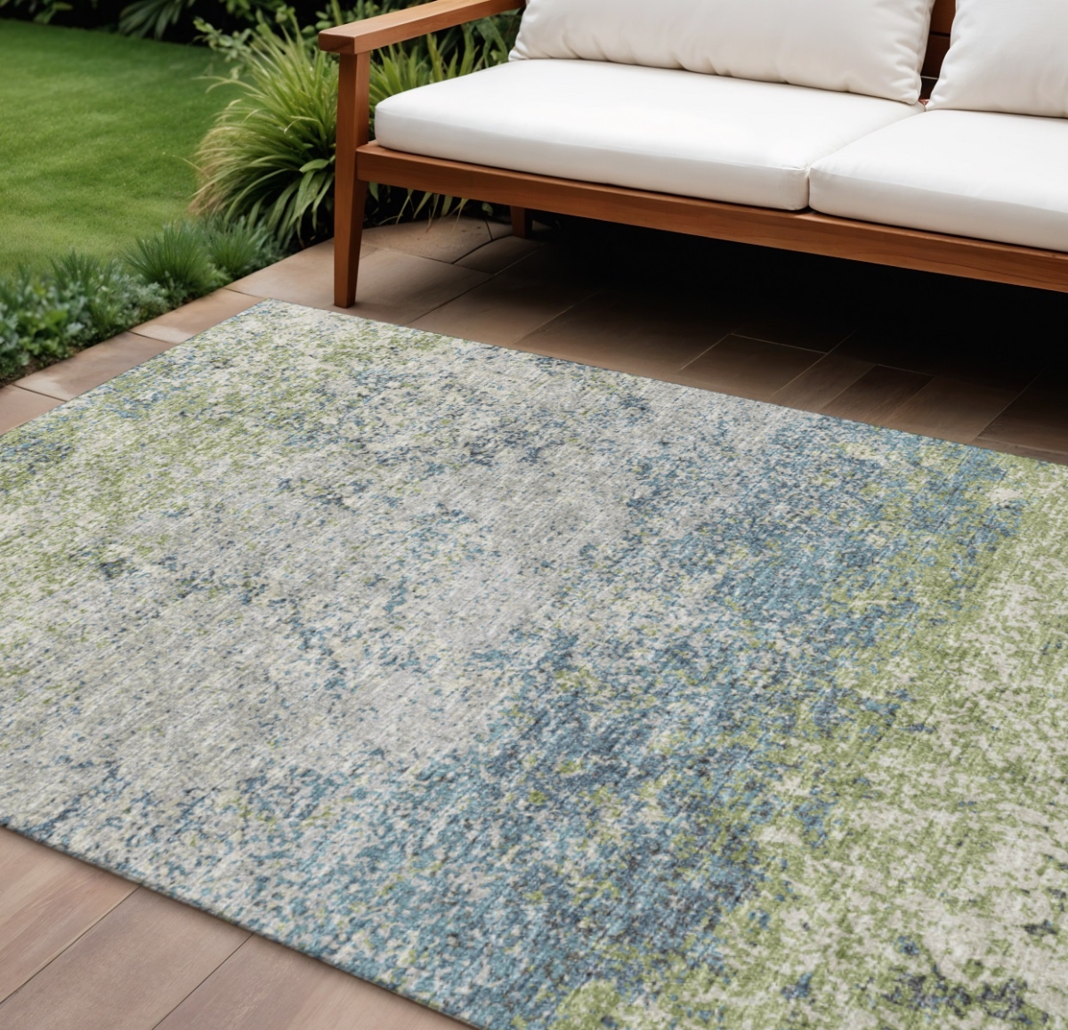 642527 8 x 10 ft. Green & Navy Blue Abstract Washable Transitional Indoor & Outdoor Rectangle Area Rug