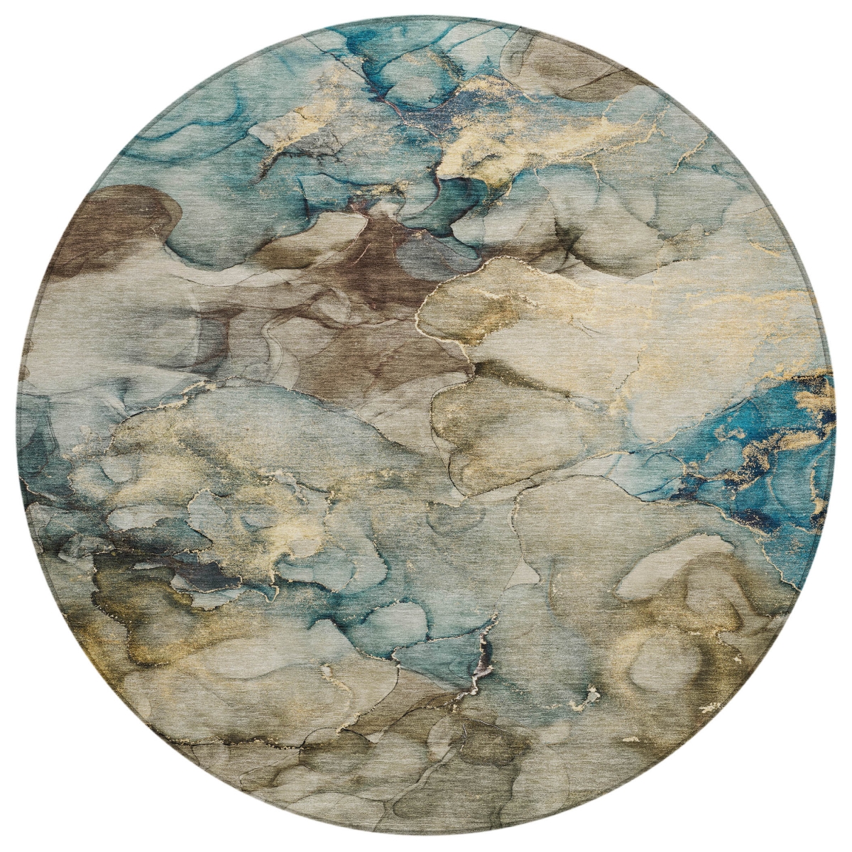 629271 8 ft. Brown & Teal Blue Abstract Washable Transitional Indoor & Outdoor Round Area Rug