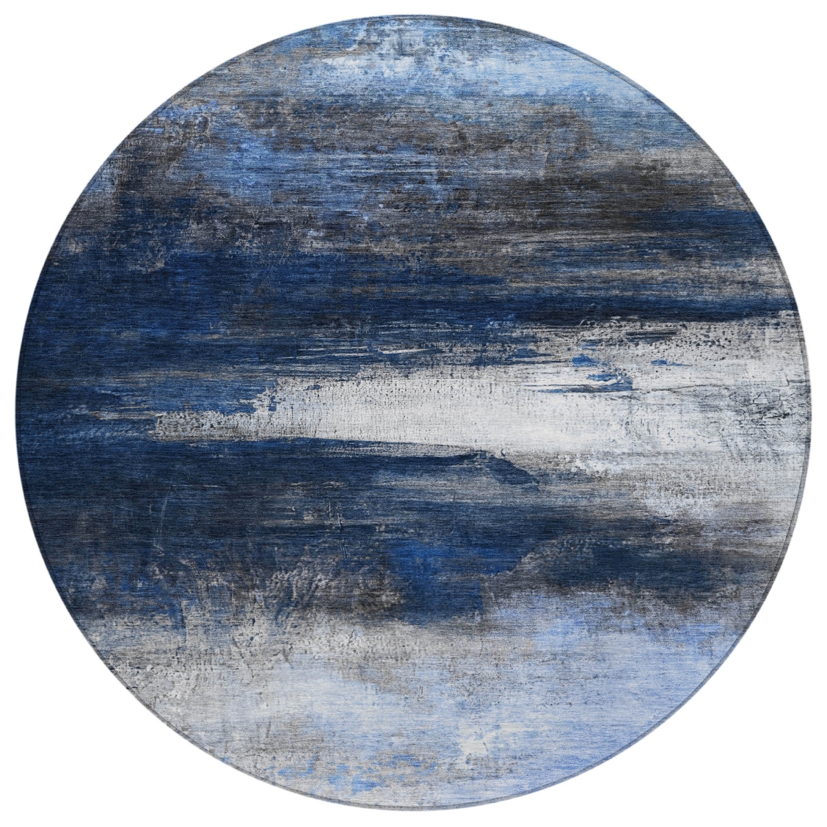 629217 8 ft. Navy Blue Charcoal & Ivory Abstract Washable Transitional Indoor & Outdoor Round Area Rug
