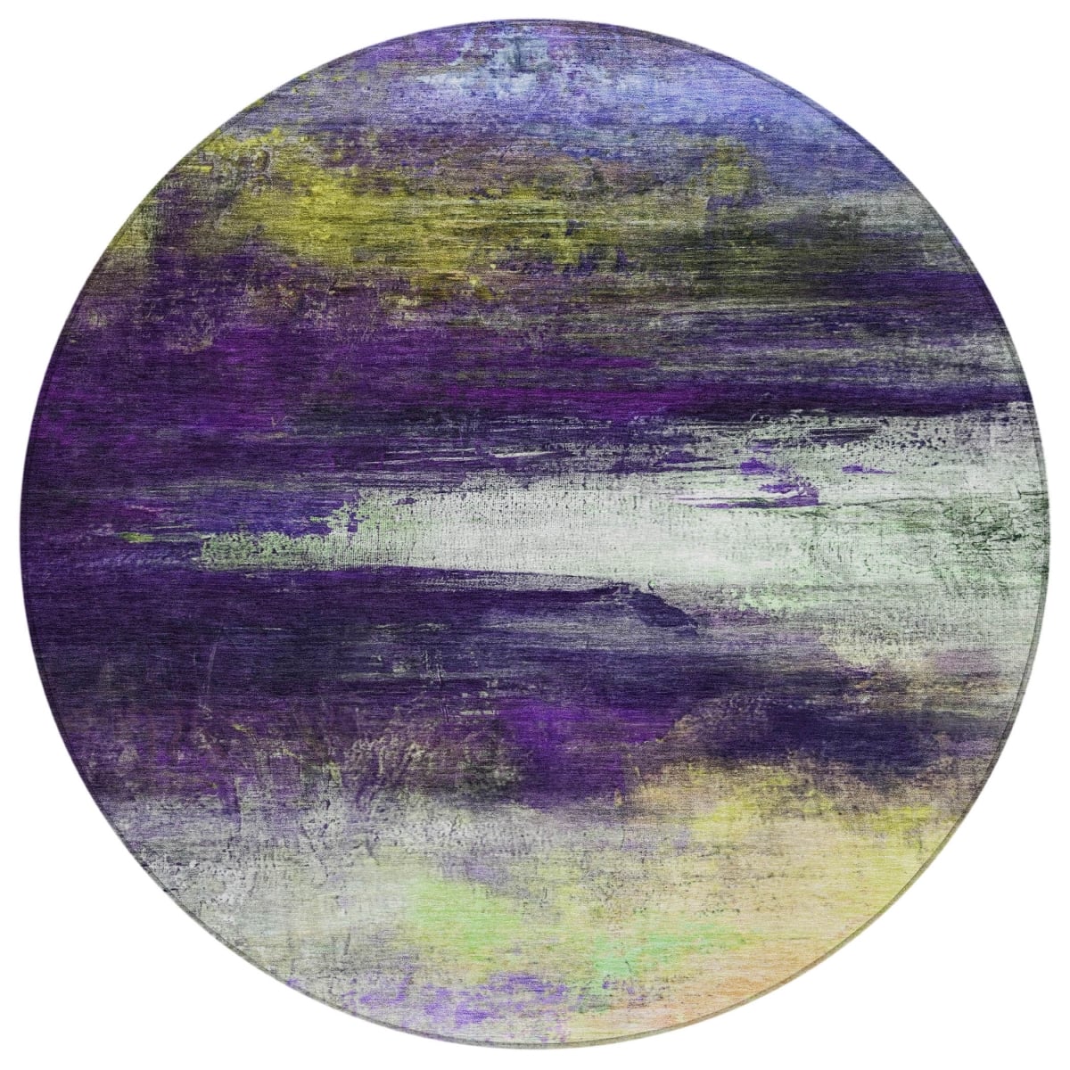 629223 8 ft. Purple Yellow & Ivory Abstract Washable Transitional Indoor & Outdoor Round Area Rug