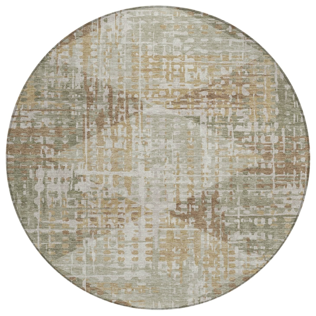 629517 8 ft. Artichoke Green & Brown Geometric Washable Transitional Indoor & Outdoor Round Area Rug