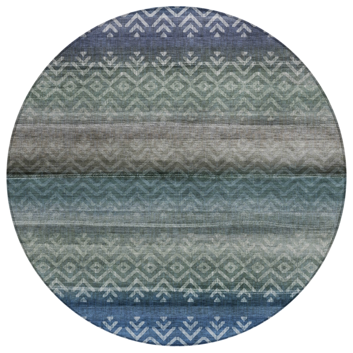 630035 8 ft. Blue & Gray Geometric Washable Transitional Indoor & Outdoor Round Area Rug