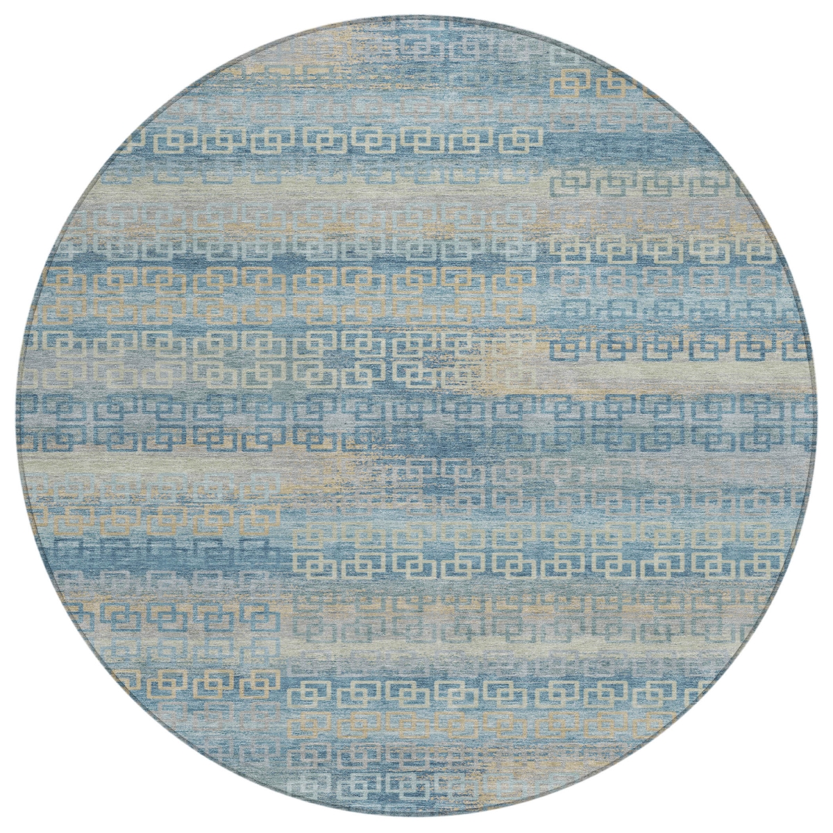 629631 8 ft. Teal, Blue & Beige Striped Washable Transitional Indoor & Outdoor Round Area Rug