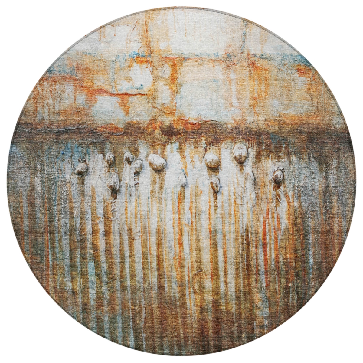 629933 8 ft. Rust Gray & Blue Abstract Washable Transitional Indoor & Outdoor Round Area Rug
