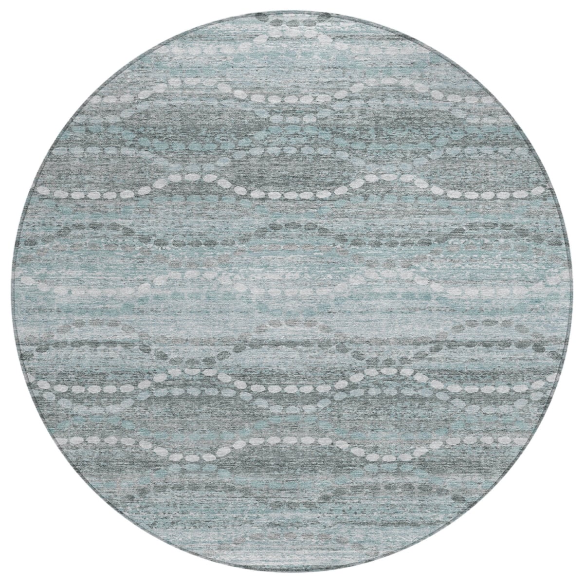 629685 8 ft. Teal, Blue & Ivory Ogee Washable Transitional Indoor & Outdoor Round Area Rug