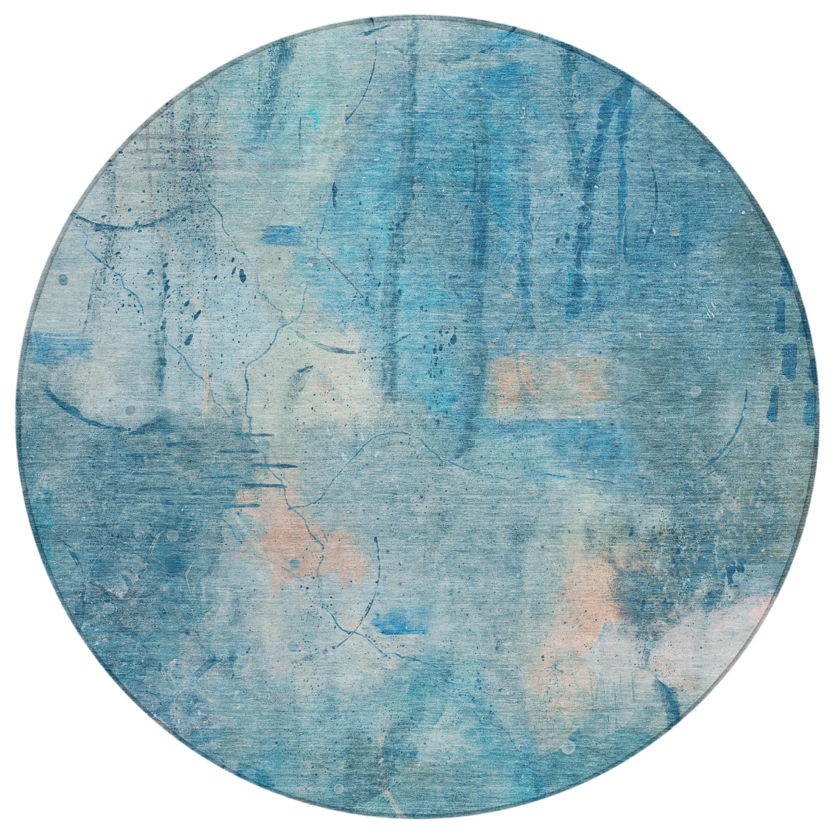 629727 8 ft. Blue & Beige Abstract Washable Transitional Indoor & Outdoor Round Area Rug