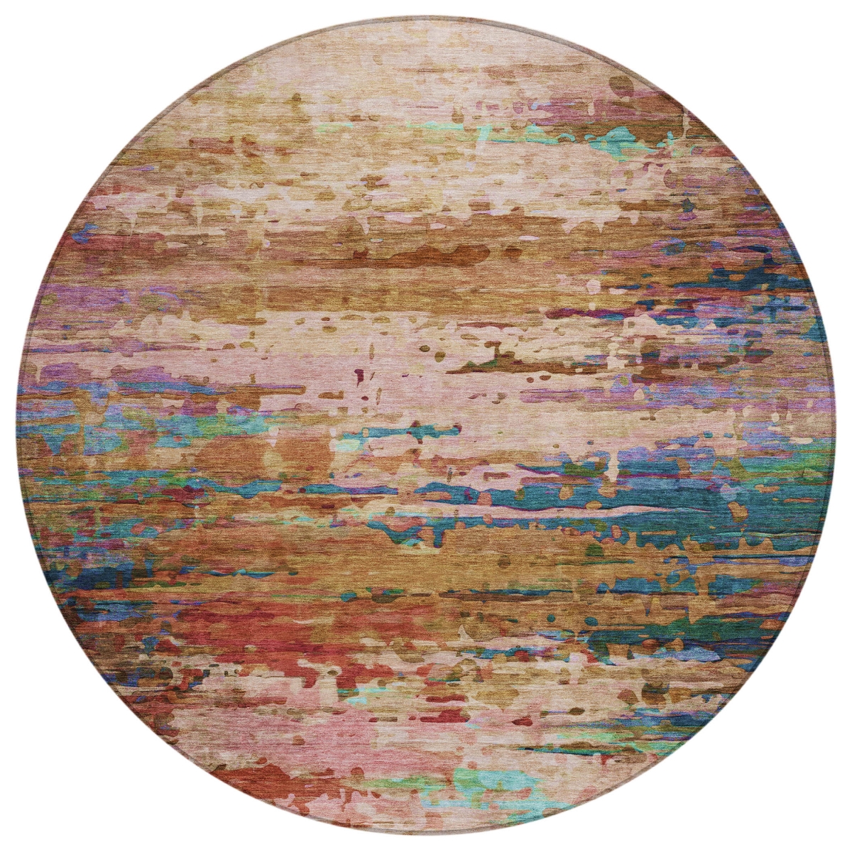 629855 8 ft. Sage Teal, Blue & Blush Abstract Washable Transitional Indoor & Outdoor Round Area Rug