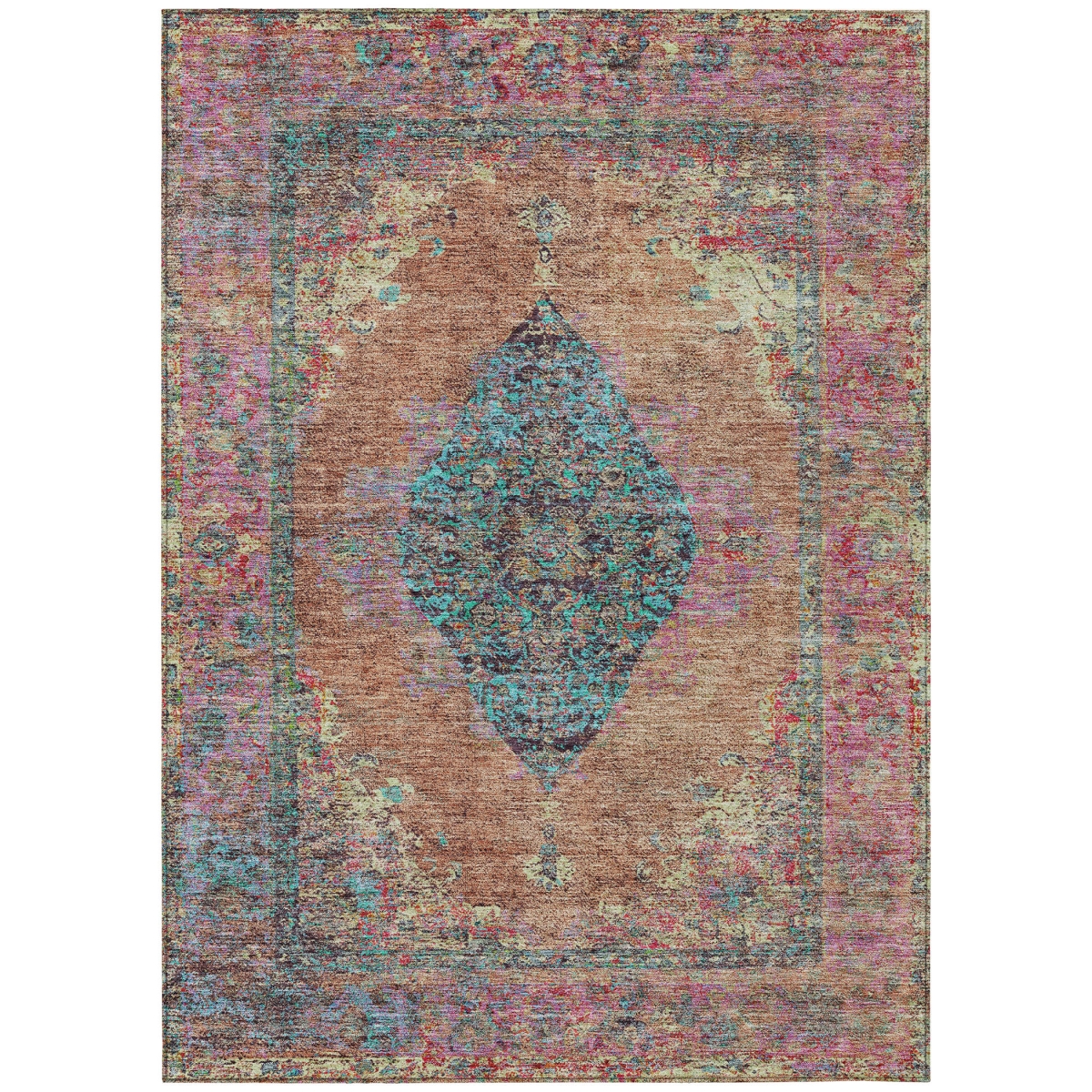 629376 10 x 14 ft. Orange & Teal Blue Medallion Washable Traditional Indoor & Outdoor Rectangle Area Rug