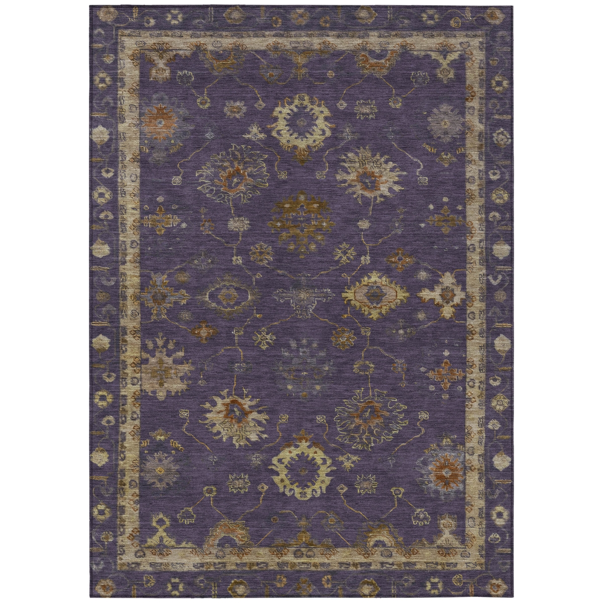 630104 10 x 14 ft. Eggplant & Gold Floral Washable Traditional Indoor & Outdoor Rectangle Area Rug