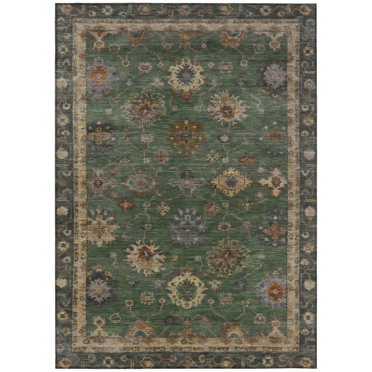 630109 9 x 12 ft. Fern Green & Gold Floral Washable Traditional Indoor & Outdoor Rectangle Area Rug