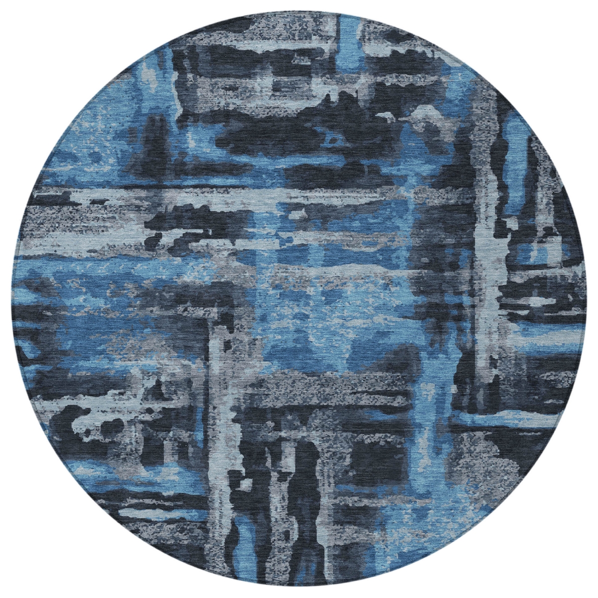 629139 8 ft. Black & Blue Abstract Washable Transitional Indoor & Outdoor Round Area Rug