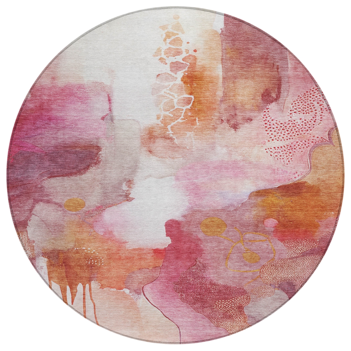 629313 8 ft. Pink Copper & Ivory Abstract Washable Transitional Indoor & Outdoor Round Area Rug