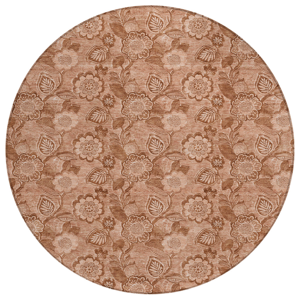 626638 8 ft. Terra Cotta & Copper Floral Washable Transitional Indoor & Outdoor Round Area Rug