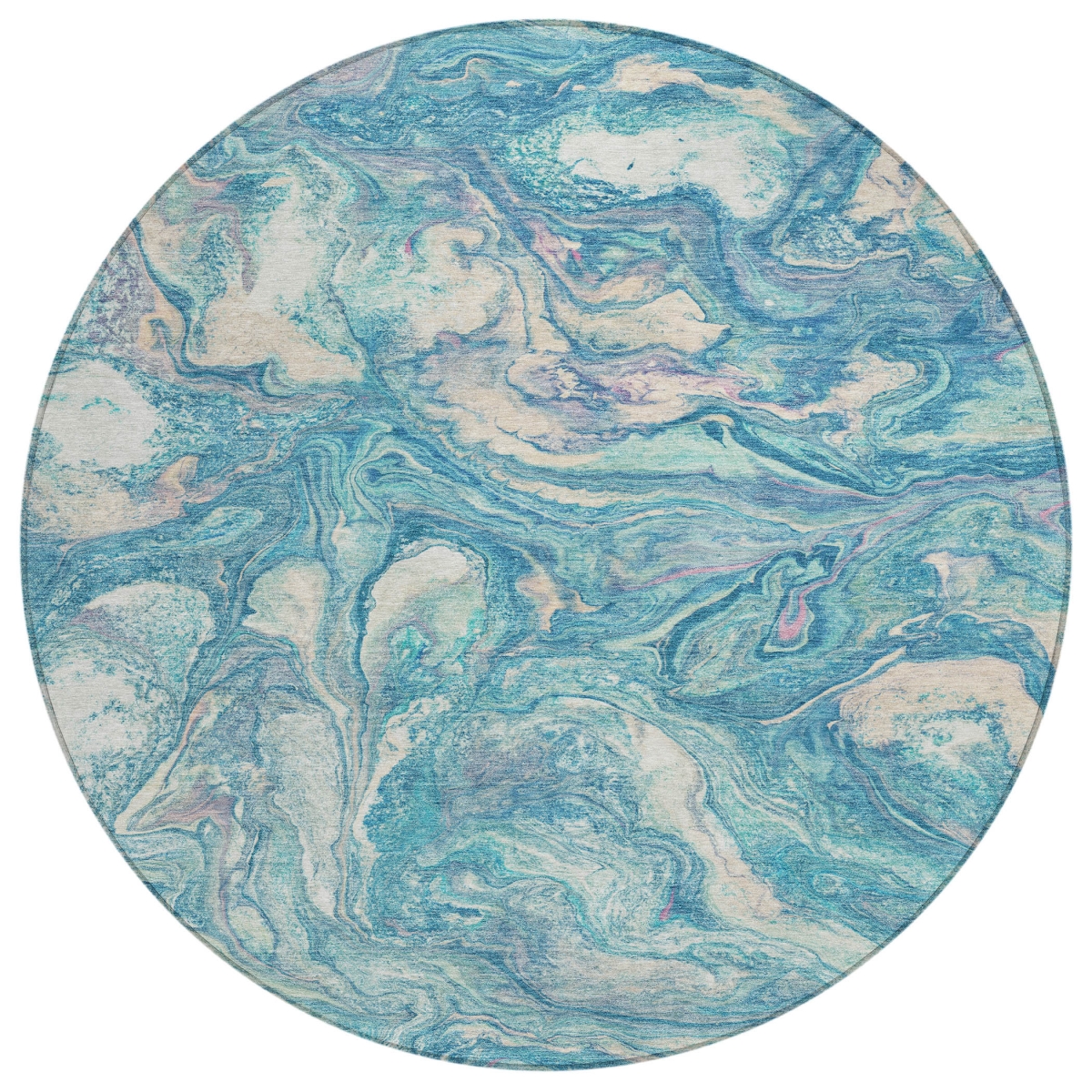 629253 8 ft. Teal, Blue & Ivory Abstract Washable Transitional Indoor & Outdoor Round Area Rug