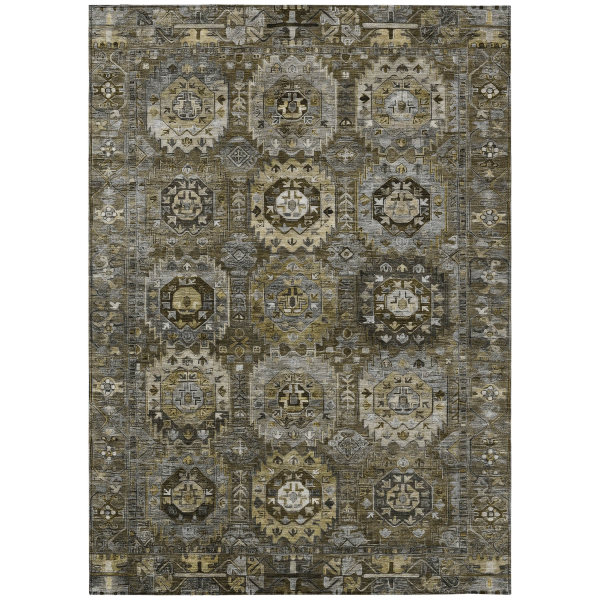 629460 10 x 14 ft. Brown Charcoal & Beige Medallion Washable Traditional Indoor & Outdoor Rectangle Area Rug