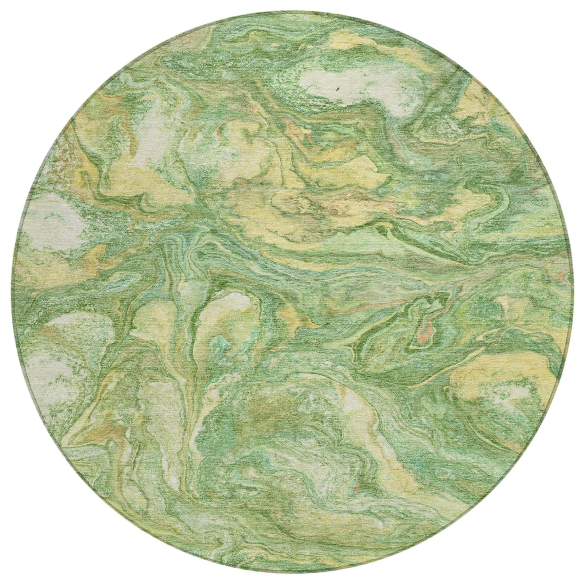 629235 8 ft. Green & Gold Abstract Washable Transitional Indoor & Outdoor Round Area Rug