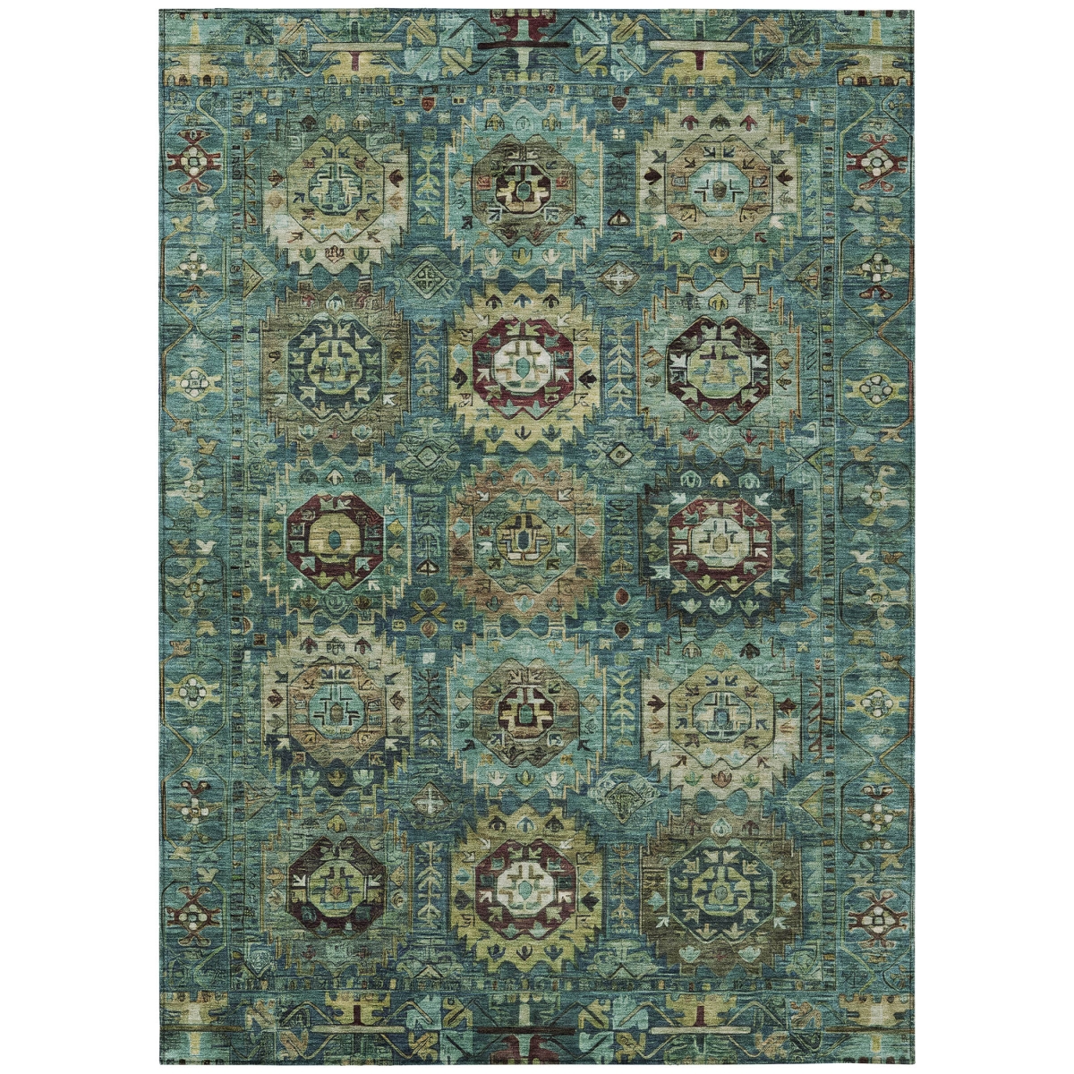 629472 10 x 14 ft. Teal, Blue & Brown - Taupe Medallion Washable Traditional Indoor & Outdoor Rectangle Area Rug