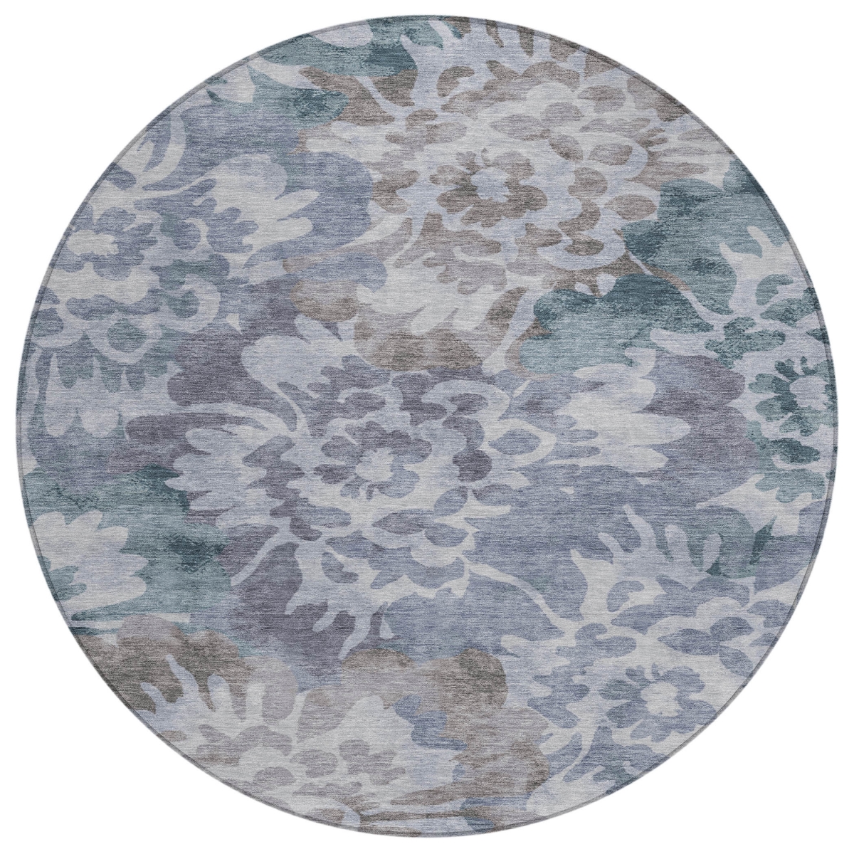 629571 8 ft. Blue & Silver Floral Washable Transitional Indoor & Outdoor Round Area Rug