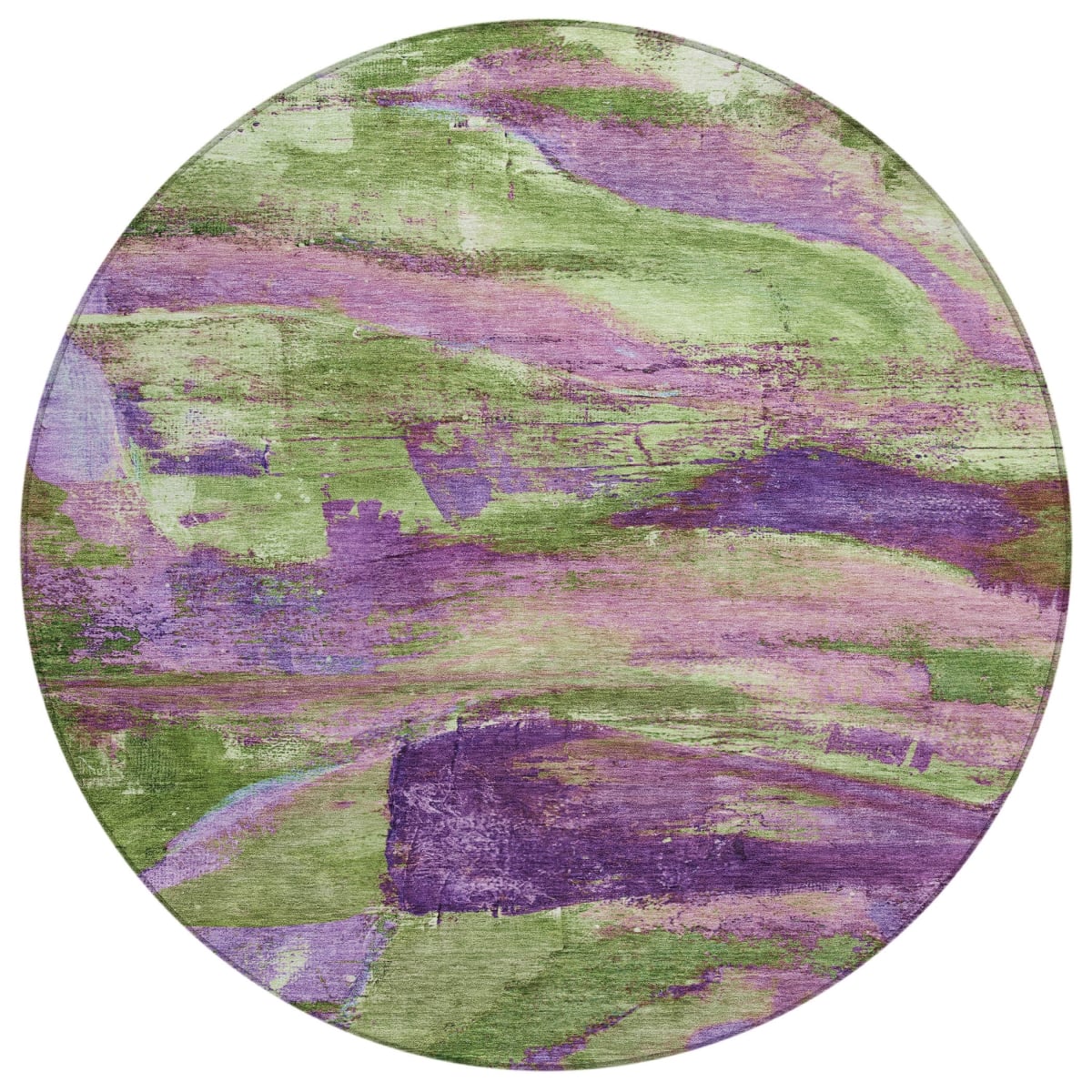 629975 8 ft. Purple Plum & Green Abstract Washable Transitional Indoor & Outdoor Round Area Rug