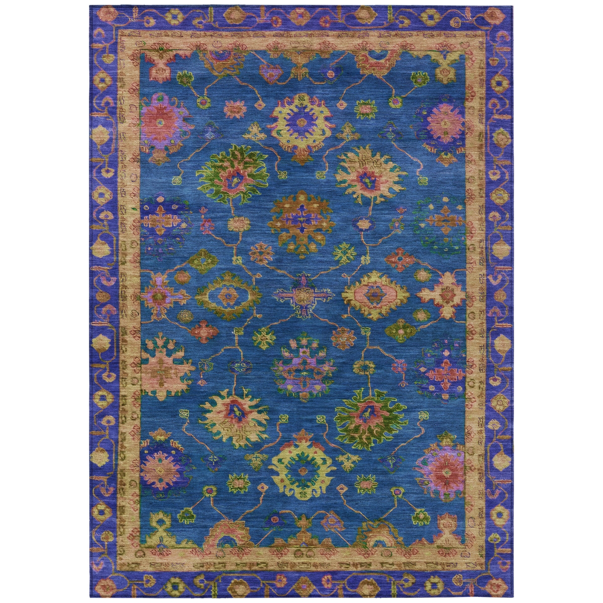 630133 9 x 12 ft. Blue & Gold Floral Washable Traditional Indoor & Outdoor Rectangle Area Rug