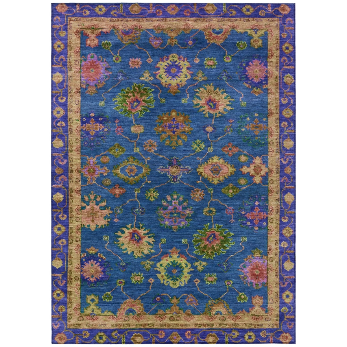 630134 10 x 14 ft. Blue & Gold Floral Washable Traditional Indoor & Outdoor Rectangle Area Rug