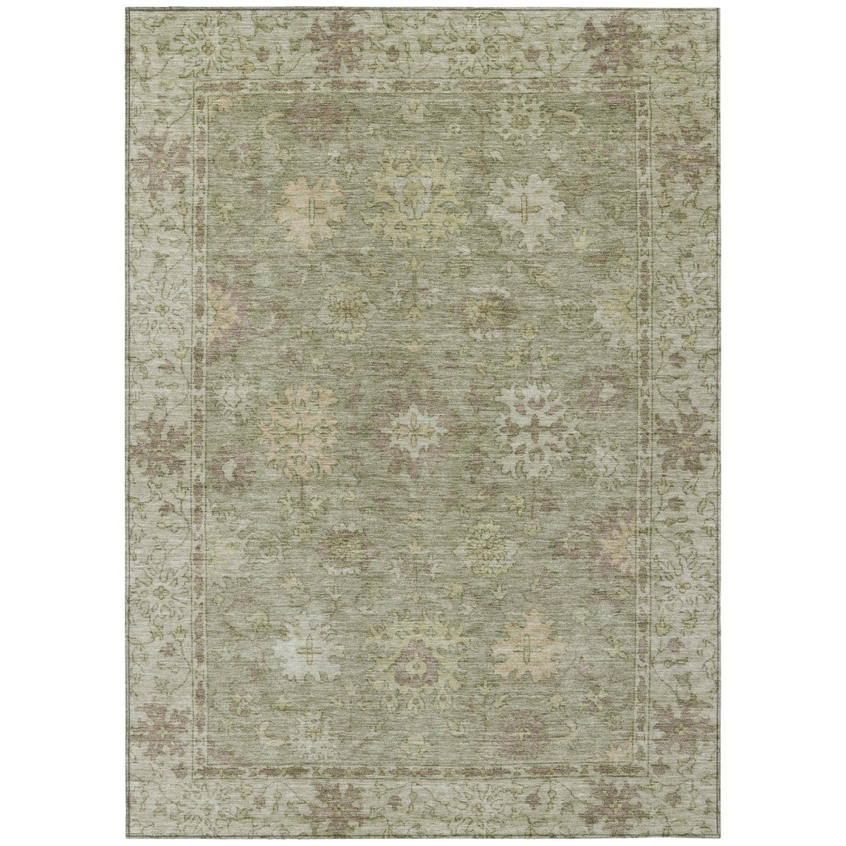 630253 9 x 12 ft. Sage & Beige Floral Washable Traditional Indoor & Outdoor Rectangle Area Rug