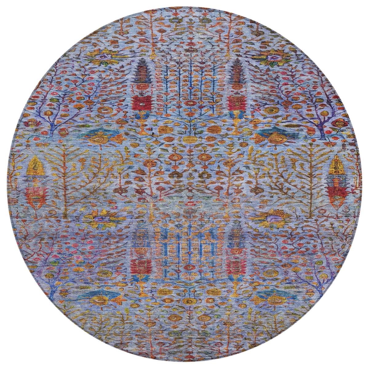 630299 8 ft. Blue Red & Gold Floral Washable Transitional Indoor & Outdoor Round Area Rug